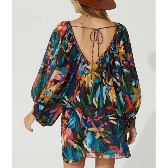 Jen's Pirate Booty x Free People Orissa M Black Blue Abstract Chiffon Mini Dress - Picture 1 of 11